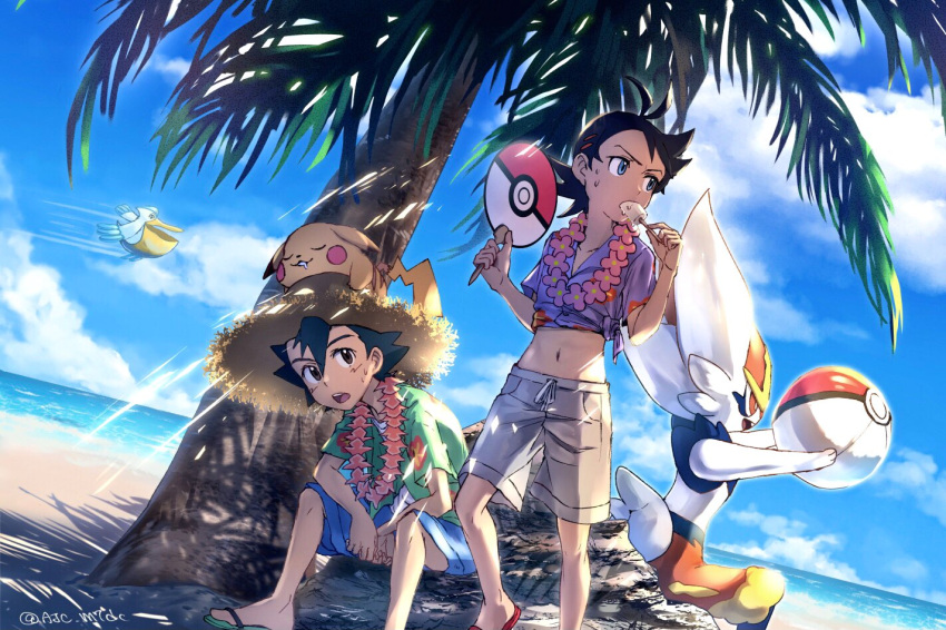 2boys ajc alternate_costume antenna_hair ash_ketchum ball bangs beach beachball black_hair blue_eyes blue_shorts cinderace clouds commentary_request day eating flip-flops flower food gen_1_pokemon gen_3_pokemon gen_8_pokemon goh_(pokemon) green_footwear green_shirt hair_between_eyes hands_up hat holding holding_stick looking_to_the_side male_focus multiple_boys navel on_head outdoors paddle pelipper pikachu pink_flower poke_ball_print pokemon pokemon_(anime) pokemon_(creature) pokemon_on_head pokemon_swsh_(anime) popsicle purple_shirt sand sandals shirt shore short_hair short_sleeves shorts sitting sky standing stick straw_hat sweat tree twitter_username water