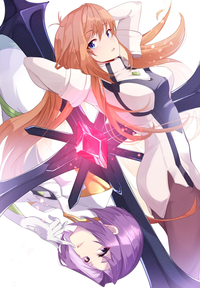 2girls absurdres arms_up blue_eyes breasts brown_hair cross dated dress elhaym_van_houten eyebrows_visible_through_hair finger_to_mouth gem gloves glowing highres long_hair looking_at_viewer miang_hawwa multiple_girls orange_hair pantyhose pilot_suit purple_hair risumi_(taka-fallcherryblossom) short_hair simple_background smile uniform very_long_hair violet_eyes white_background xenogears