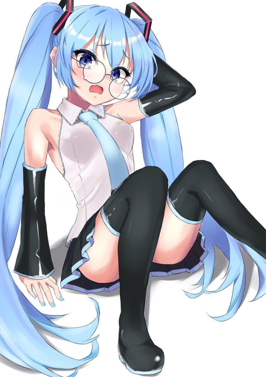 1girl armpits bare_shoulders bespectacled black_legwear black_skirt black_sleeves blue_eyes blue_hair blue_nails breasts collared_shirt commentary detached_sleeves eyebrows_visible_through_hair glasses hair_ornament hatsune_miku highres long_hair looking_at_viewer necktie on_floor open_mouth piku_39 shirt simple_background sitting skirt small_breasts solo twintails very_long_hair vocaloid white_background white_shirt