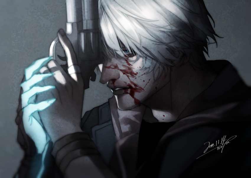 1boy artist_name blood blood_on_face blue_eyes blue_rose_(gun) bracelet dated devil_bringer devil_may_cry_(series) devil_may_cry_4 dmc_pa eyes_visible_through_hair glowing gun holding holding_gun holding_weapon hood hood_down jewelry male_focus nero_(devil_may_cry) nosebleed parted_lips revolver ring short_hair signature solo upper_body weapon
