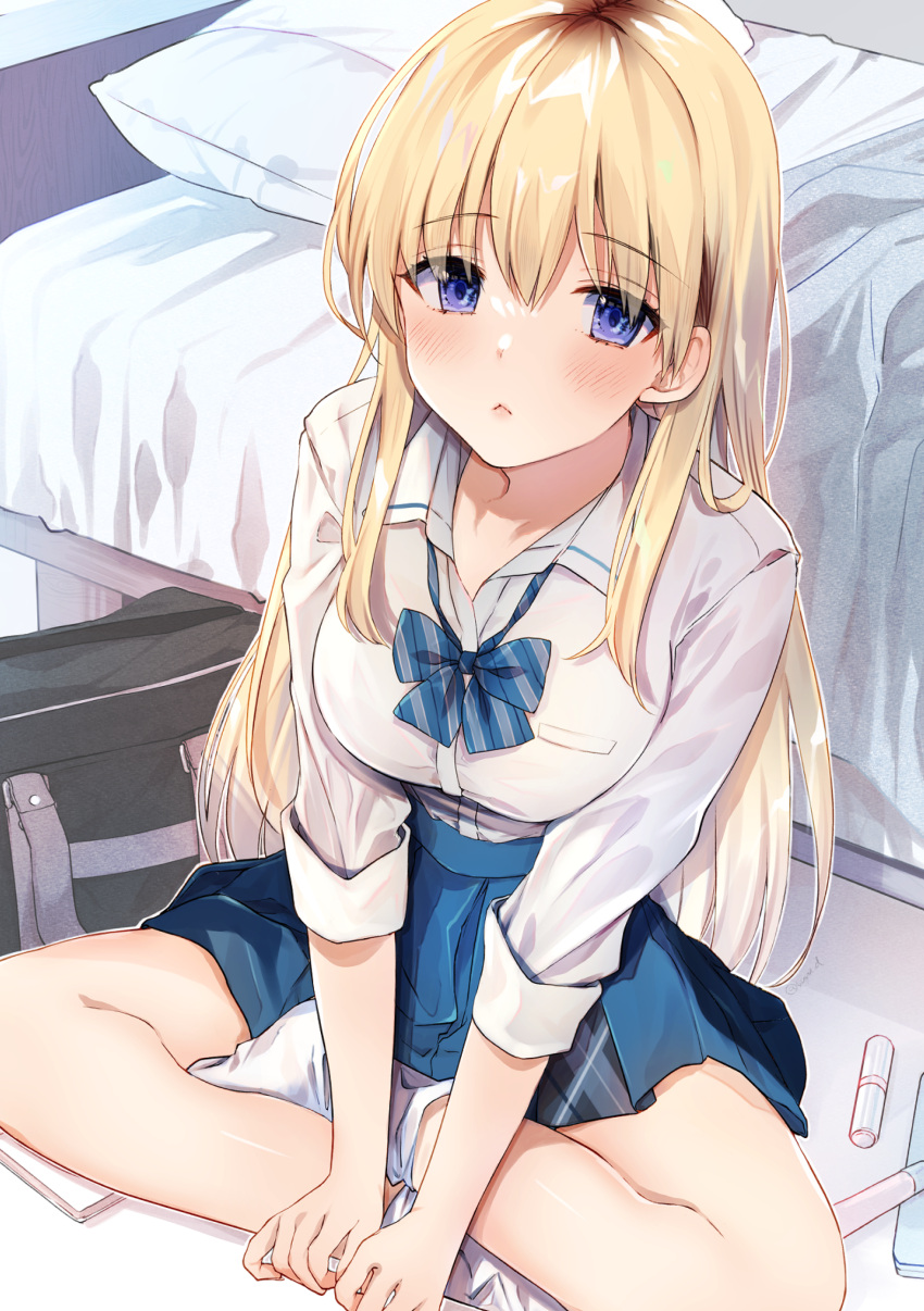 1girl absurdres bag bangs bed black_bag blonde_hair blue_eyes blue_skirt blush bow bowtie breasts closed_mouth commentary_request eyebrows_visible_through_hair full_body highres indoors large_breasts leg_warmers long_hair long_sleeves looking_at_viewer looking_up lotus_position original pillow school_uniform shirt sitting skirt solo white_legwear white_shirt yu_yu