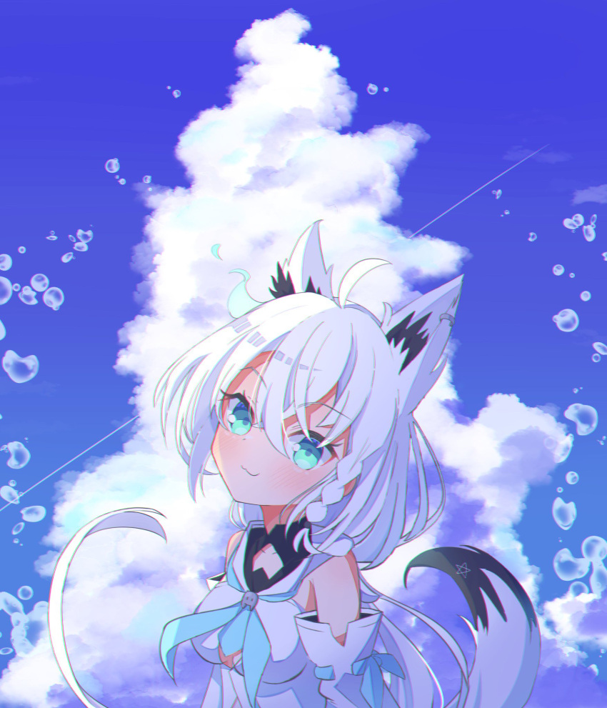 1girl ahoge air_bubble animal_ears bangs blue_neckwear blush braid breasts bubble clouds cloudy_sky commentary_request day detached_sleeves earrings eyebrows_visible_through_hair fox_ears fox_girl fox_tail green_eyes hair_between_eyes highres hololive hood hoodie jewelry long_hair looking_at_viewer nananana_(nana_hololive) neckerchief pentagram shirakami_fubuki sidelocks single_braid sky small_breasts smile solo tail virtual_youtuber white_hair white_hoodie