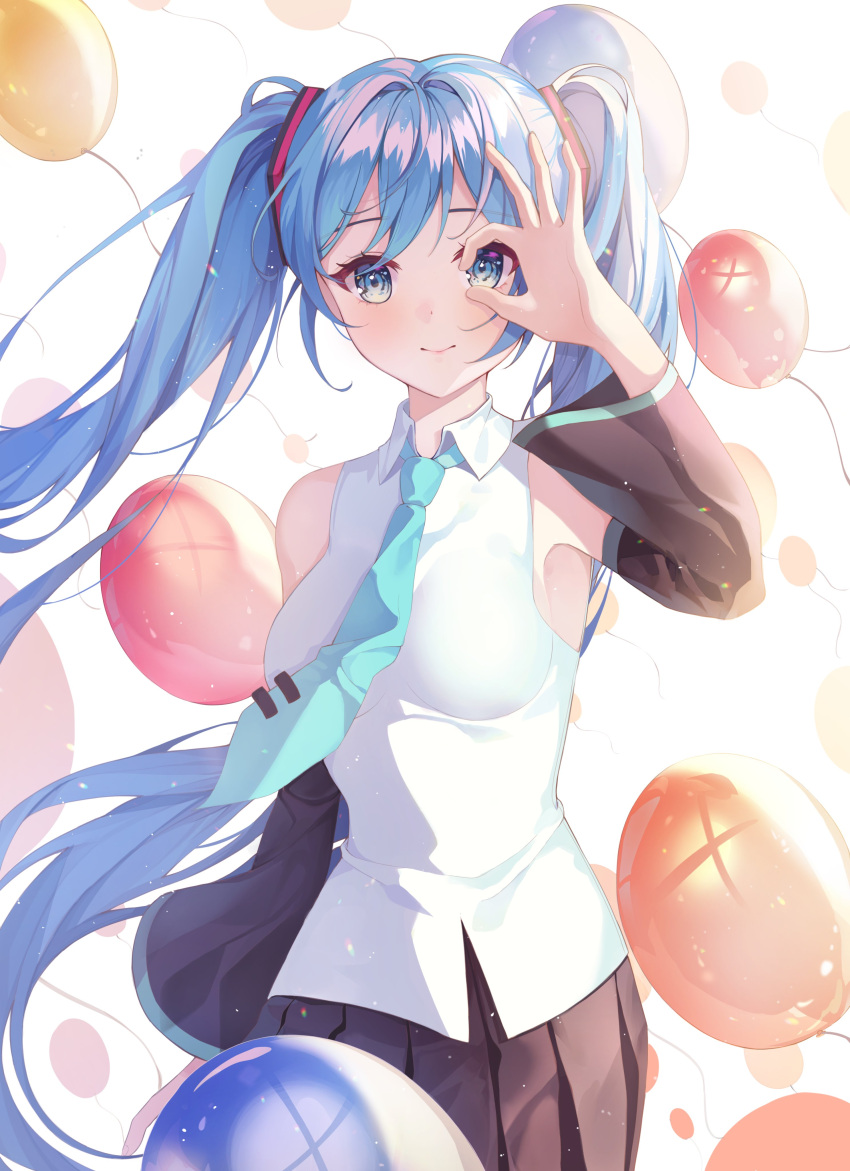 1girl absurdres balloon bangs bare_shoulders black_skirt black_sleeves blue_eyes blue_hair blue_neckwear blush breasts collared_shirt commentary cowboy_shot detached_sleeves floating_hair hand_over_eye hand_up hatsune_miku highres long_hair looking_at_viewer medium_breasts miniskirt necktie ok_sign pleated_skirt shiny shiny_hair shirt skirt sleeveless sleeveless_shirt smile solo thigh-highs tie_clip twintails very_long_hair vocaloid white_shirt yumyum_(f1zanxofm5egszc)