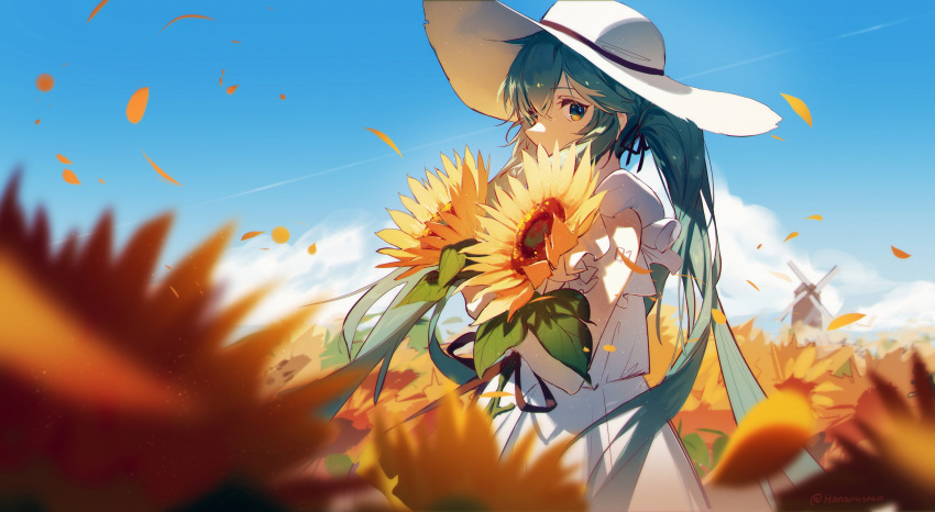 1girl bangs blue_eyes blue_hair blue_sky blurry blurry_foreground chinese_commentary clouds commentary_request cowboy_shot day dress eyebrows_behind_hair flower hair_between_eyes hat hat_ribbon hatsune_miku highres holding holding_flower hua_ben_wuming long_hair looking_at_viewer looking_to_the_side number_tattoo outdoors petals ribbon shadow sky solo standing sunflower tattoo twintails twitter_username vocaloid white_dress white_headwear windmill