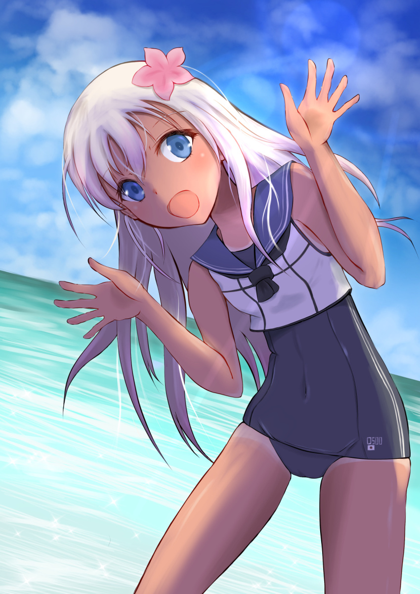 1girl beach black_neckwear blonde_hair blue_eyes blue_sailor_collar blue_sky clouds commentary_request cowboy_shot crop_top day flower hair_flower hair_ornament highres horizon kantai_collection leaning_to_the_side lens_flare long_hair mikeneko_(nicohatealpha) neckerchief ocean one-piece_tan outdoors ro-500_(kancolle) sailor_collar school_swimsuit sky solo swimsuit swimsuit_under_clothes tan tanline waving