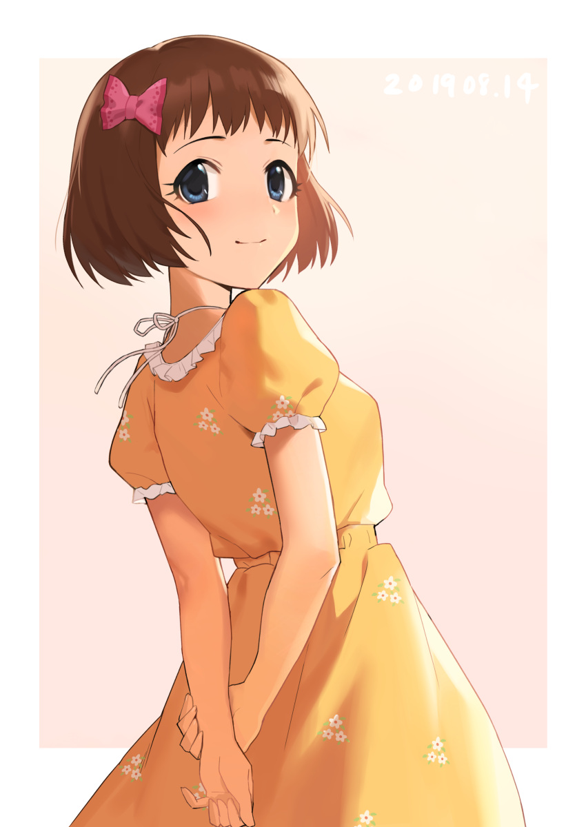 1girl absurdres arms_behind_back bangs blue_eyes border bow brown_hair character_request closed_mouth dress eyelashes floral_print from_behind hair_bow highres idolmaster idolmaster_cinderella_girls looking_at_viewer looking_back neck_ribbon onao outside_border pink_background pink_bow print_dress ribbon shiny shiny_hair short_hair short_sleeves smile solo standing sundress white_border white_ribbon yellow_dress