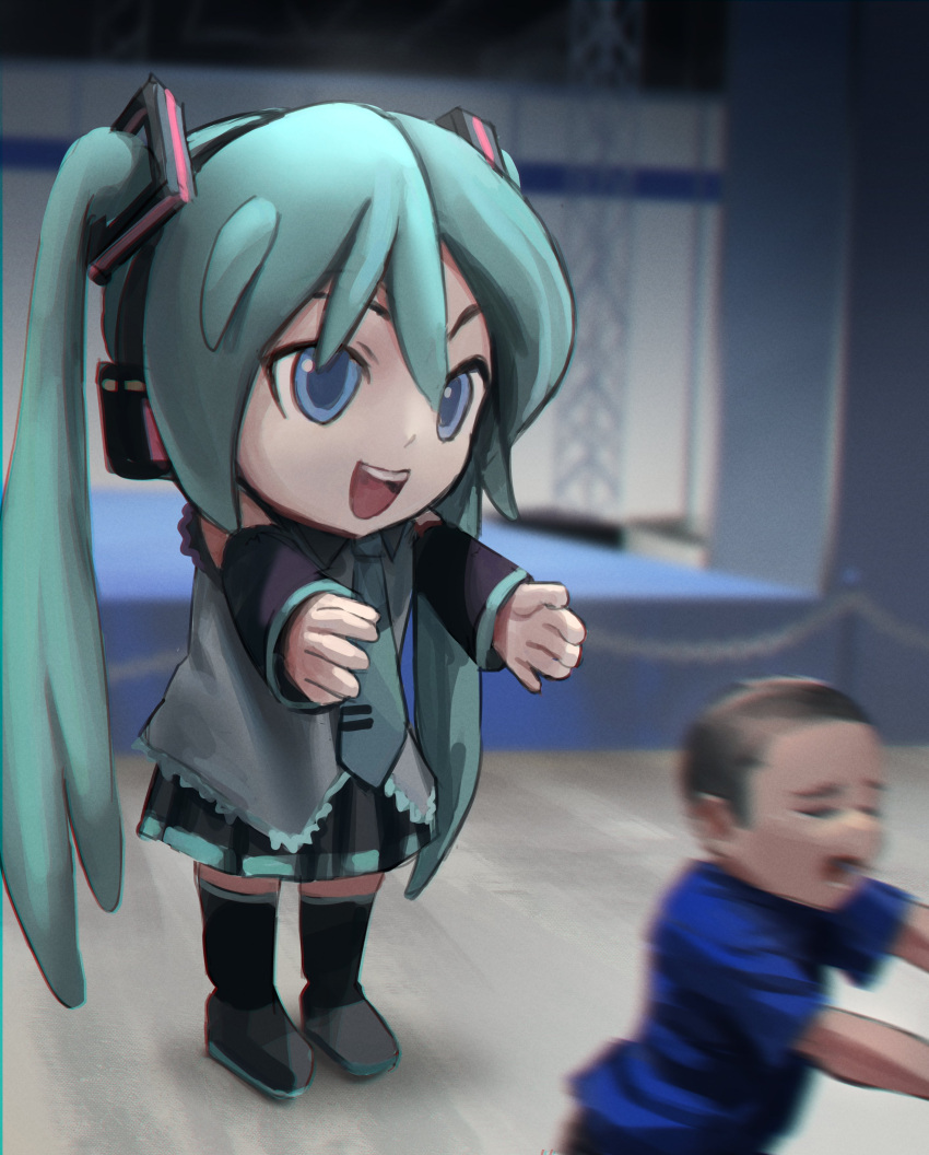 1boy 1girl absurdres aqua_eyes aqua_hair aqua_neckwear bare_shoulders black_skirt black_sleeves blue_eyes boots child cosplay detached_sleeves english_commentary full_body grey_shirt hair_ornament hatsune_miku headphones highres kigurumi knee_boots long_hair mikudayoo miniskirt motion_blur necktie open_mouth outstretched_arms photo-referenced pleated_skirt reaching running scaffolding shirt skirt sleeveless sleeveless_shirt smile stage standing twintails vertigris very_long_hair vocaloid