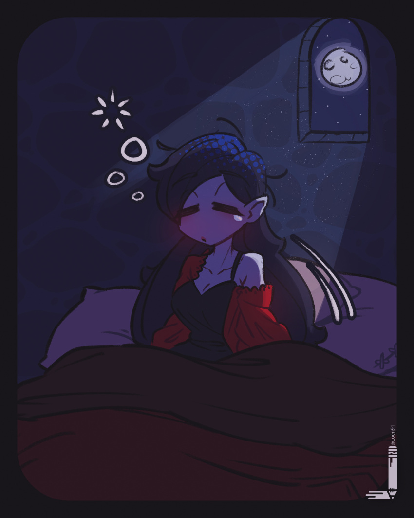 1girl =_= artist_name bed black_border border closed_mouth facing_viewer full_moon highres jacket loen long_hair moon moonlight nightgown off_shoulder on_bed original pillow red_jacket sitting sleepy solo very_long_hair