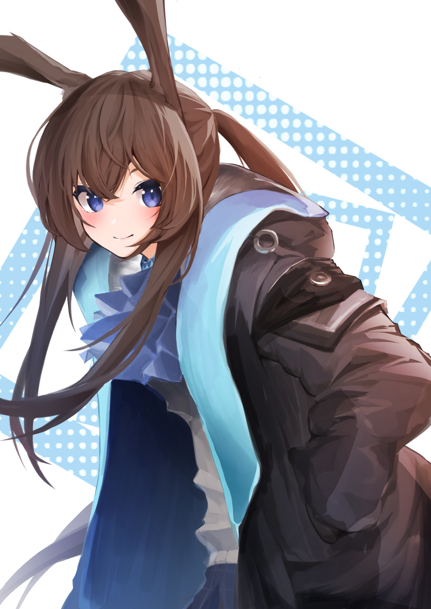 1girl absurdres amiya_(arknights) animal_ears arknights ascot black_jacket blue_eyes blue_neckwear blue_skirt blush commentary hands_in_pockets highres jacket kyktsu leaning_forward long_hair looking_at_viewer open_clothes open_jacket ponytail rabbit_ears shirt skirt smile solo upper_body white_shirt