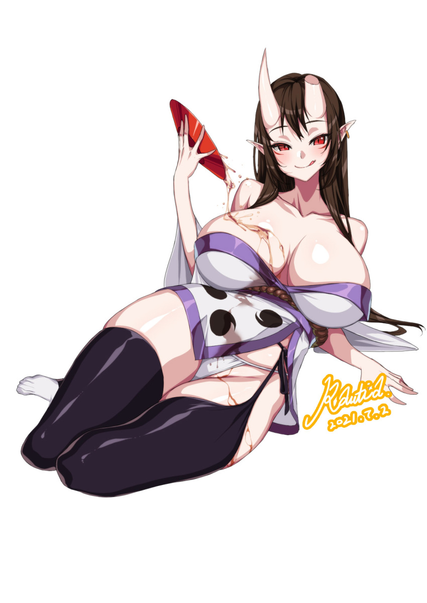 1girl :q black_legwear breasts brown_hair commission cup dated earrings facial_mark full_body fundoshi garter_belt highres horns huge_breasts japanese_clothes jewelry kimono long_hair looking_at_viewer off-shoulder_kimono oni oni_horns original panties pointy_ears rantia red_eyes sakazuki short_kimono sidelocks simple_background sitting skindentation solo string_panties thigh-highs thighs tongue tongue_out underwear white_background yokozuwari