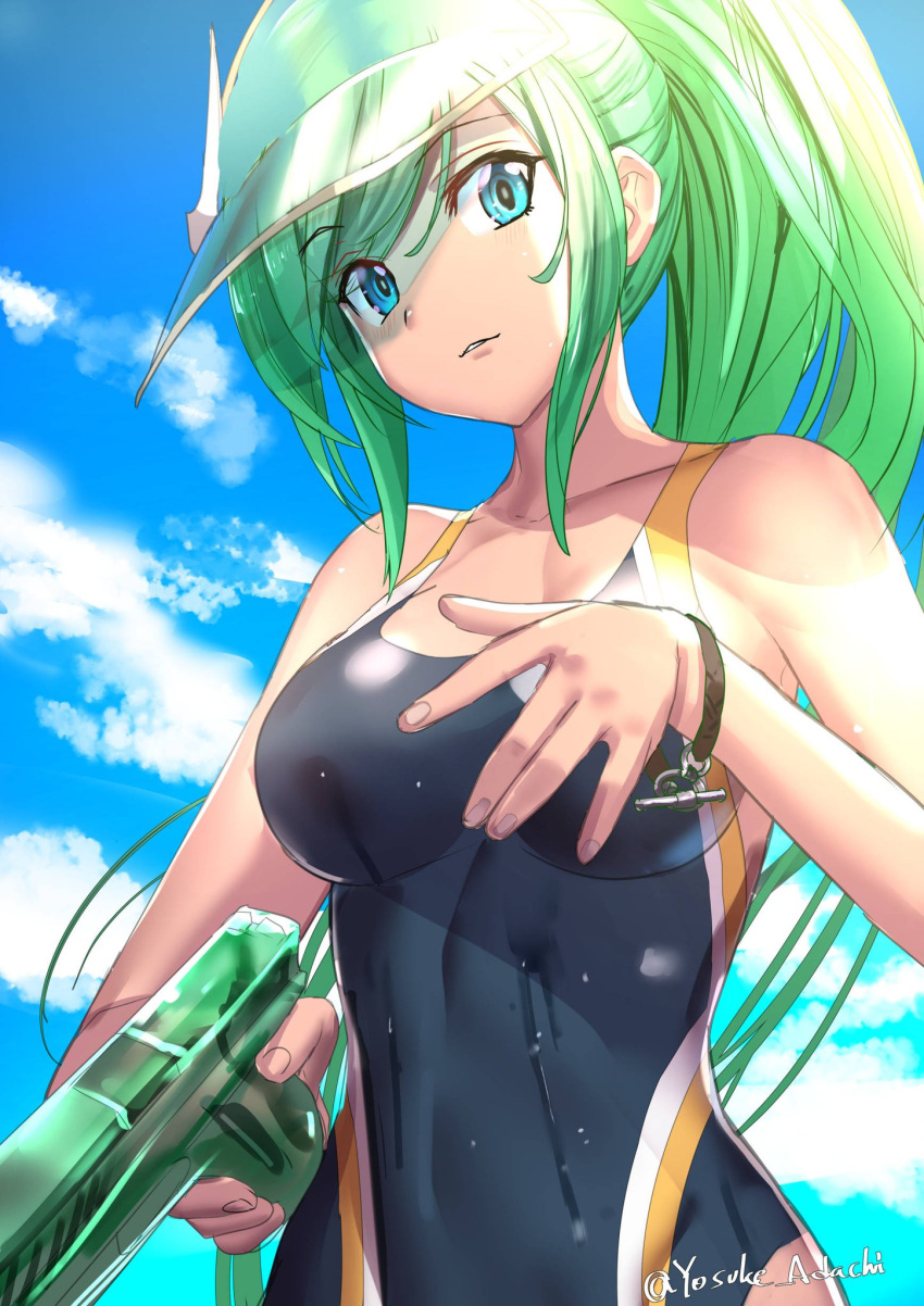 adachi_yousuke artemis_(p&amp;d) blue_eyes breasts green_hair highres medium_breasts ponytail puzzle_&amp;_dragons swimsuit