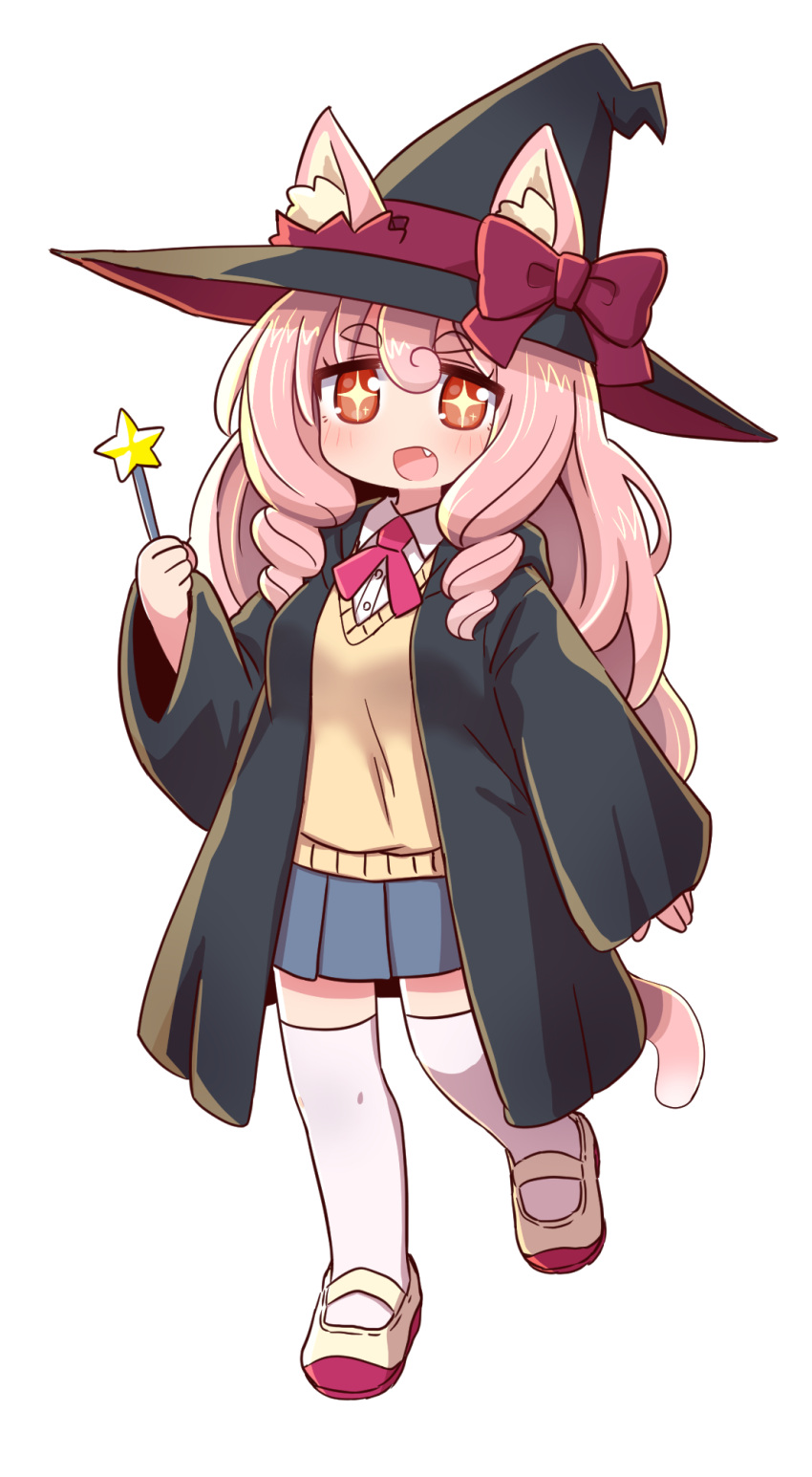 +_+ 1girl :d animal_ear_fluff animal_ears black_headwear black_robe blue_skirt blush bow breasts brown_eyes cat_ears cat_girl cat_tail collared_shirt dress_shirt ears_through_headwear fang full_body hat hat_bow highres holding holding_wand hood hood_down hooded_robe long_hair long_sleeves looking_at_viewer naga_u open_clothes open_mouth open_robe original pink_hair pleated_skirt red_bow ringlets robe school_uniform shirt shoes simple_background skirt sleeves_past_wrists small_breasts smile solo standing standing_on_one_leg star_(symbol) sweater_vest tail thigh-highs uwabaki very_long_hair wand white_background white_footwear white_legwear white_shirt wide_sleeves wings