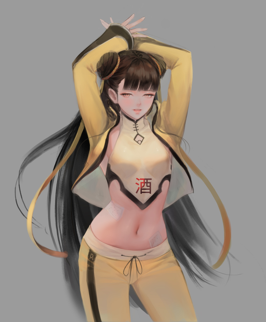 1girl absurdres arms_up bangs bbul_horn black_survival blunt_bangs blush breasts brown_hair chinese_clothes crop_top cropped_jacket double_bun grey_background hair_ribbon highres jacket korean_commentary li_dailin long_hair long_sleeves looking_at_viewer midriff navel open_mouth pants ribbon simple_background sleeveless solo translation_request yellow_eyes yellow_jacket yellow_pants