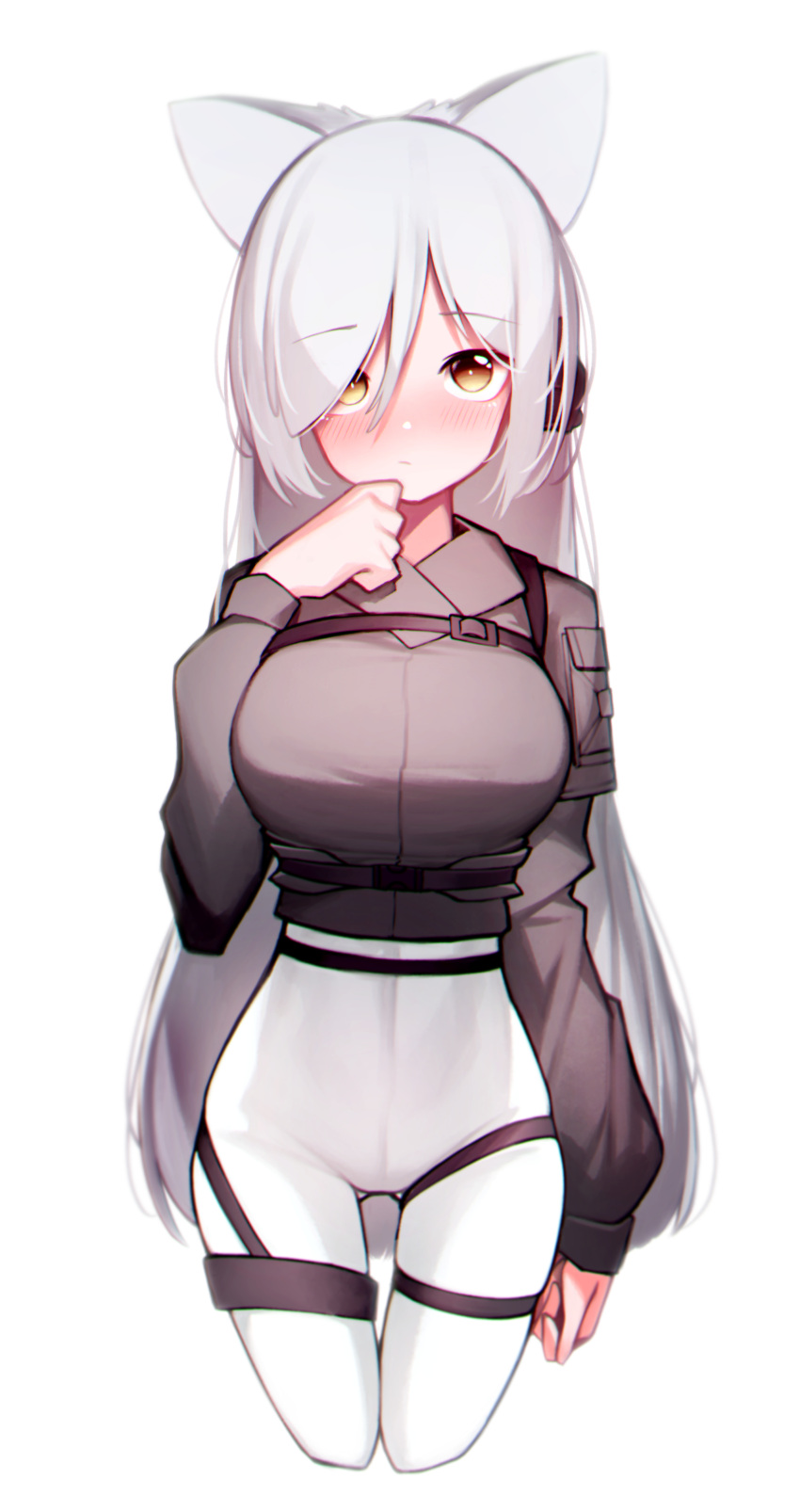 1girl absurdres animal_ears arknights beudelb black_shirt blush breasts cat_ears commentary cropped_legs grey_hair hand_up headset highres implied_extra_ears korean_commentary large_breasts long_hair looking_at_viewer official_alternate_costume schwarz_(arknights) schwarz_(skyline)_(arknights) shirt simple_background solo thigh_gap thigh_strap very_long_hair white_background white_legwear yellow_eyes