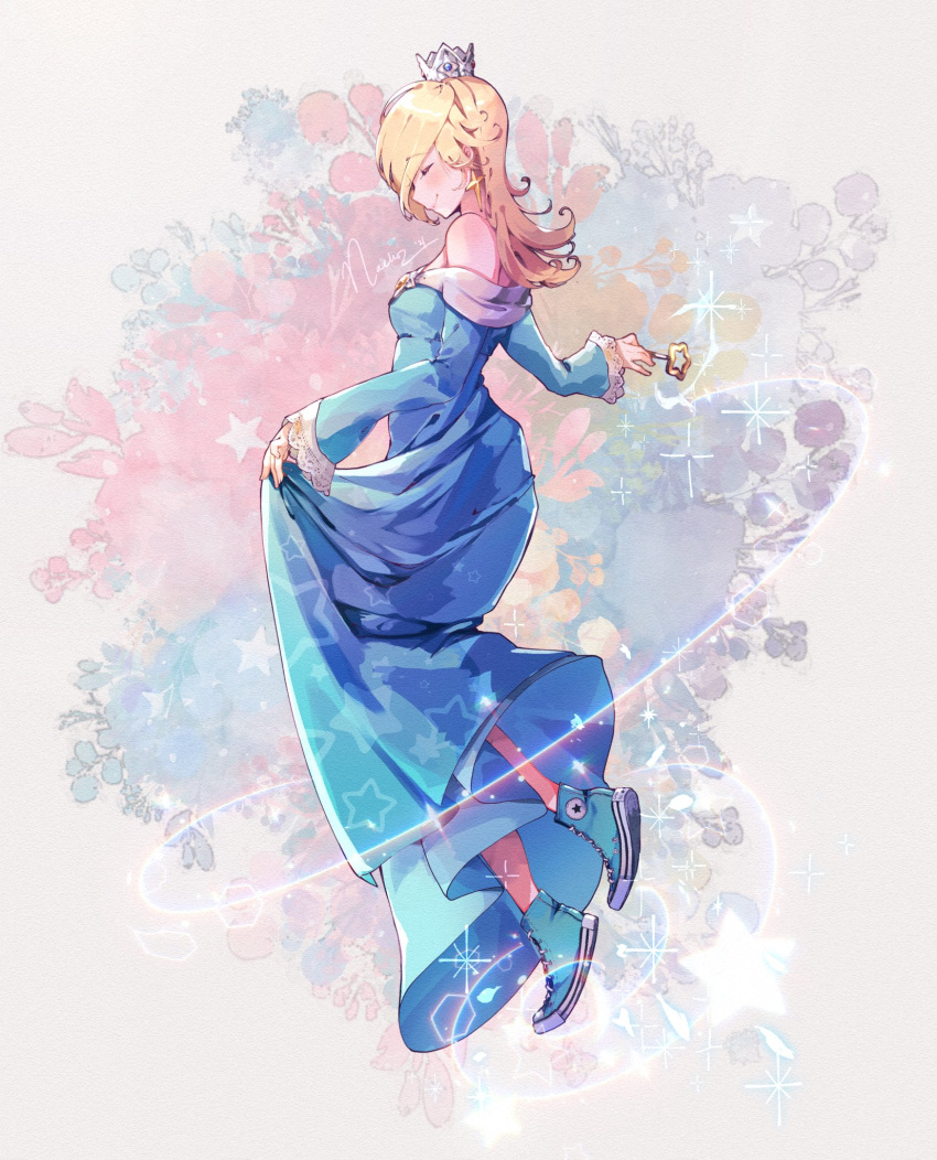1girl abstract_background alternate_footwear blonde_hair blue_dress breasts closed_eyes closed_mouth crown dress earrings floating formal head_tilt highres holding holding_clothes holding_dress jewelry long_hair magic nachoz_(nachozart) nintendo outstretched_hand pale_skin platinum_blonde_hair rosalina shoulders skirt_hold small_breasts smile star_(symbol) star_earrings super_mario_bros. super_mario_galaxy wand white_background