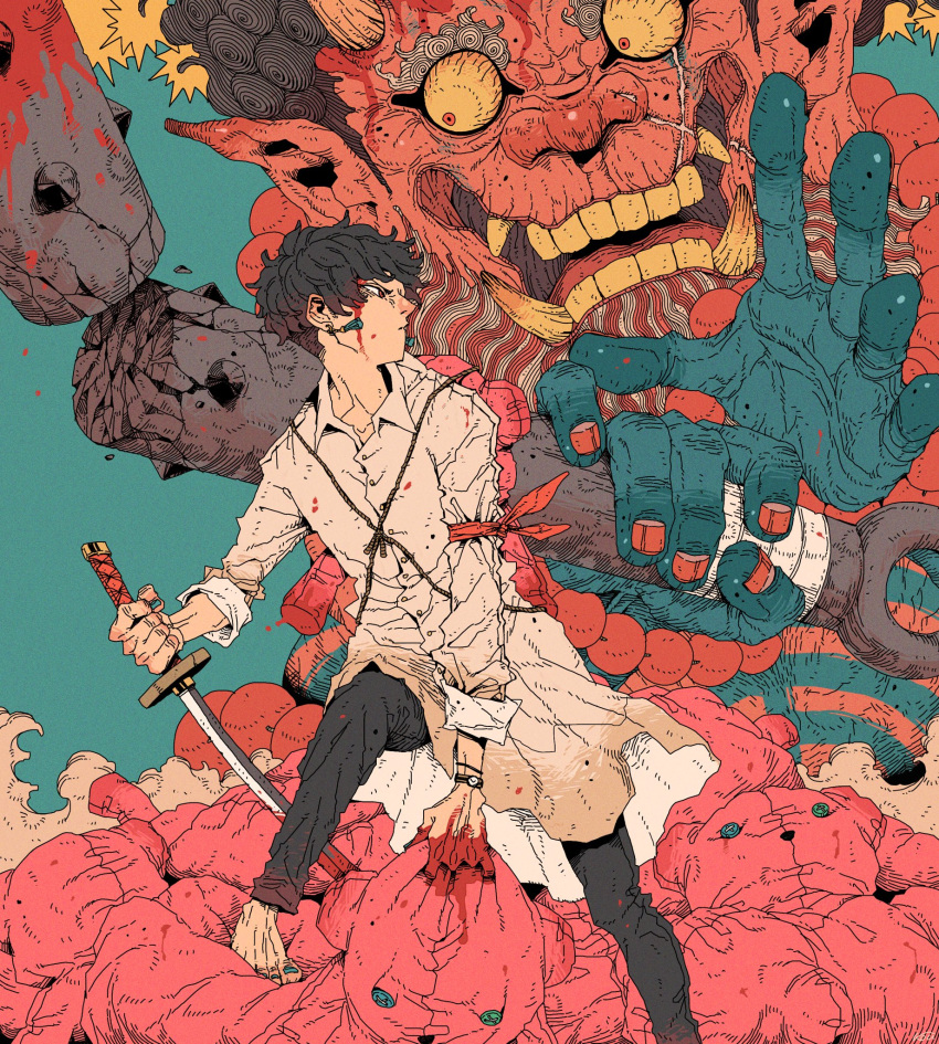 1boy barefoot black_hair black_pants blood broken clouds club collared_shirt highres holding holding_sword holding_weapon long_sleeves monster original pants pointy_ears profile red_nails shirt short_hair spiked_club sword tamagosan1001 weapon white_shirt