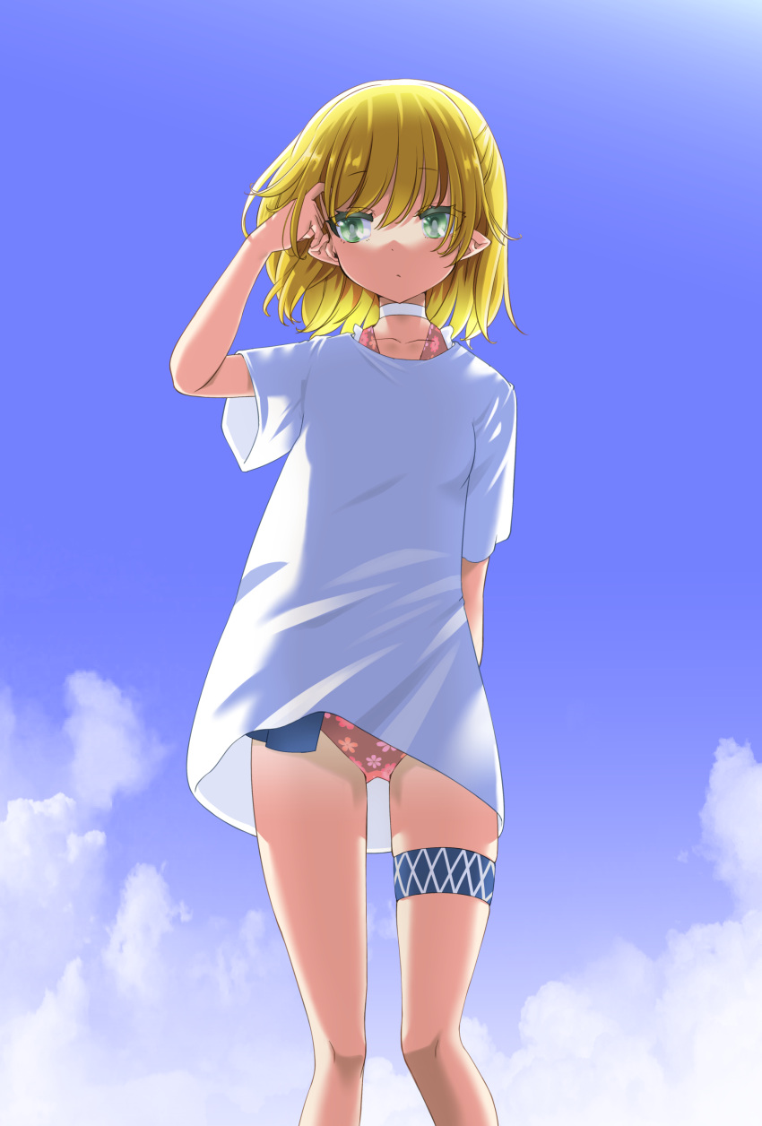 1girl absurdres alternate_costume arm_behind_back bangs bikini bikini_under_clothes blonde_hair blue_sky breasts closed_mouth clouds commentary_request day eyebrows_visible_through_hair feet_out_of_frame floral_print green_eyes hair_between_eyes half_updo hand_in_hair highres iwatobi_hiro looking_to_the_side medium_breasts mizuhashi_parsee pink_bikini pointy_ears shirt short_hair short_sleeves sky solo swimsuit thigh_strap touhou white_shirt