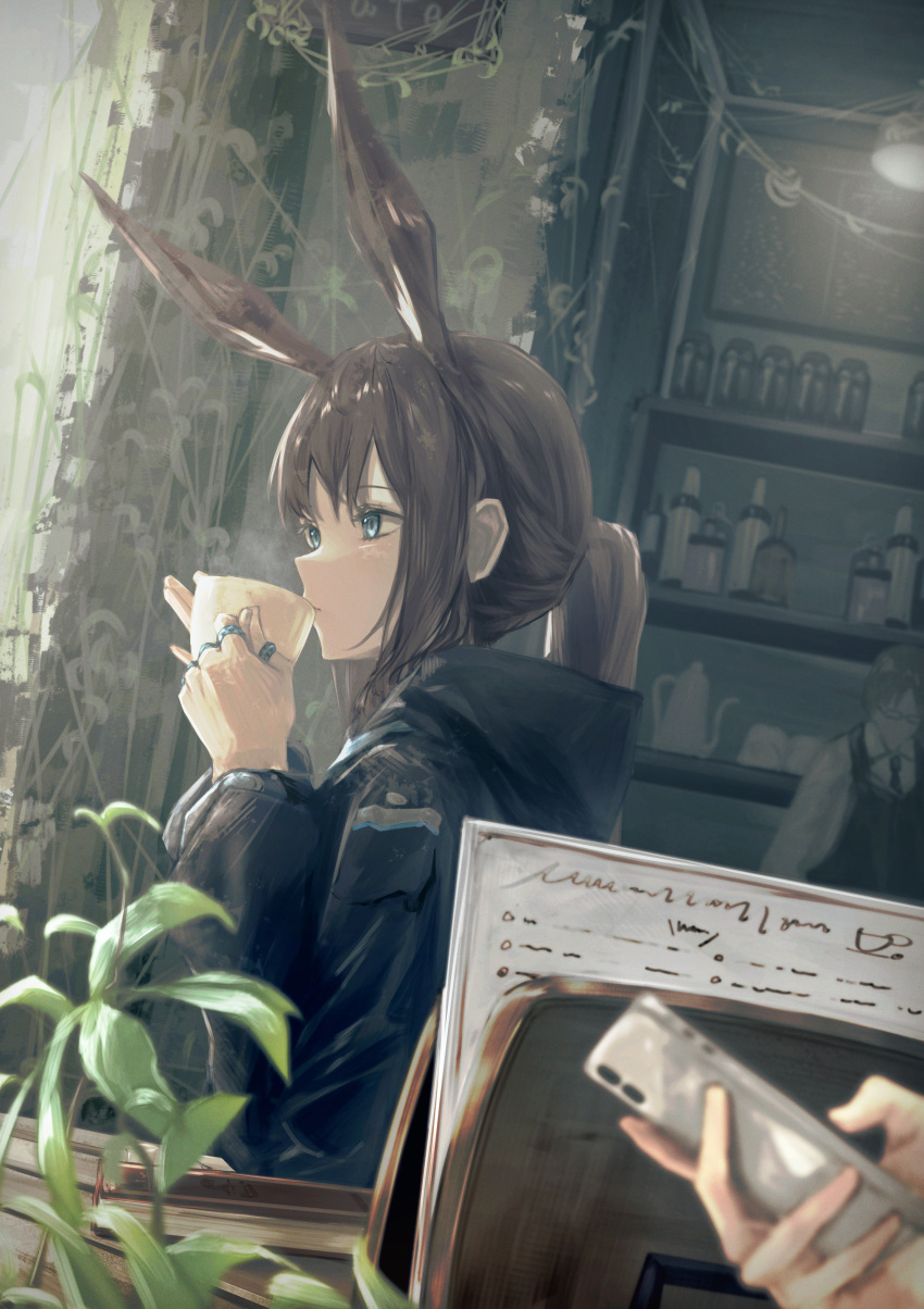 1boy 1girl 1other absurdres amiya_(arknights) animal_ear_fluff arknights black_jacket blue_eyes brown_hair cafe cellphone commentary cup dress drinking extra_ears from_side fuyukono hair_between_eyes highres holding holding_cup holding_phone huge_filesize indoors jacket long_hair looking_away multiple_rings open_clothes open_jacket phone plant ponytail profile smartphone solo_focus teacup