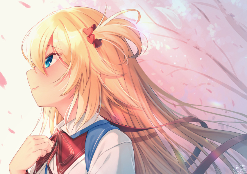 1girl akai_haato bangs blonde_hair blue_eyes closed_mouth commentary_request from_side hair_between_eyes hair_ornament hair_ribbon hand_up heart heart_hair_ornament highres hololive long_hair looking_afar magowasabi neck_ribbon one_side_up petals profile red_ribbon ribbon shirt signature smile solo tree_branch twitter_username upper_body virtual_youtuber white_shirt