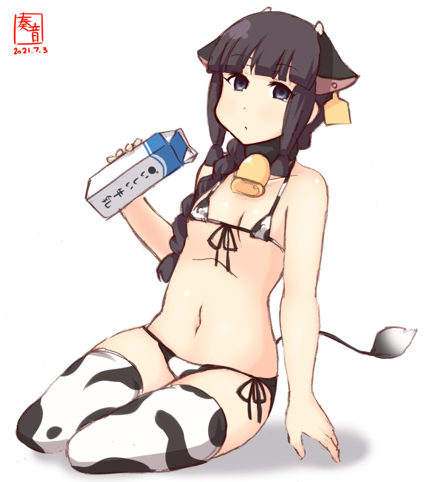 1girl alternate_costume animal_ears animal_print artist_logo bangs bell bikini black_eyes black_hair blunt_bangs braid collarbone commentary_request cow_ears cow_horns cow_print cow_tail cowbell dated ear_tag flat_chest highres horns kanon_(kurogane_knights) kantai_collection kitakami_(kancolle) long_hair looking_at_viewer navel neck_bell print_bikini print_legwear simple_background single_braid sitting solo swimsuit tail thigh-highs wariza white_background