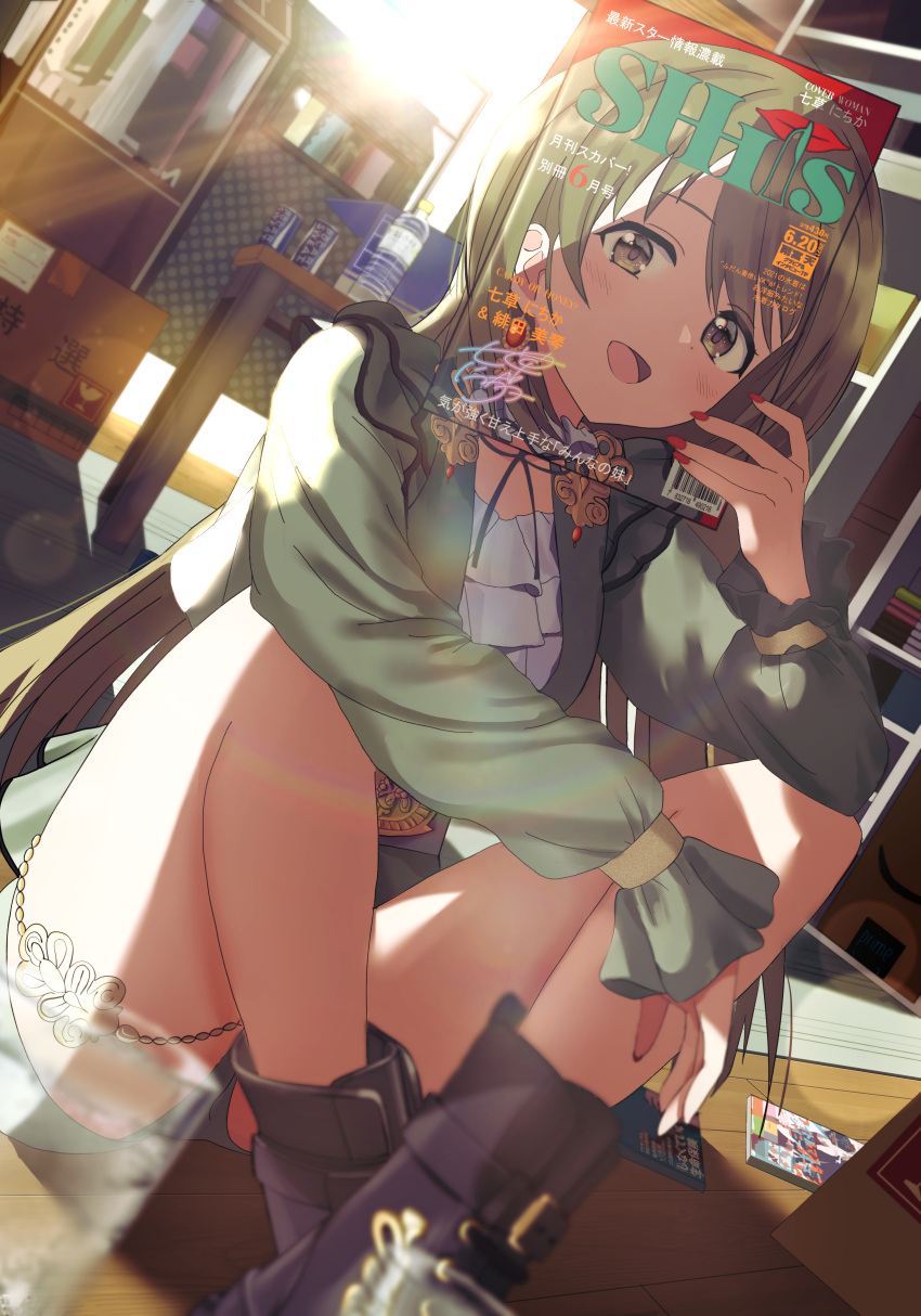 1girl :d absurdres bangs bare_legs black_footwear blurry blurry_foreground blush boots breasts brown_eyes brown_hair commentary covering_face crossed_ankles day dutch_angle earrings go_(mumuke) green_jacket hand_up highres holding holding_magazine huge_filesize idolmaster idolmaster_shiny_colors indoors jacket jewelry knees_up long_hair long_sleeves looking_at_viewer magazine nail_polish nanakusa_nichika open_clothes open_jacket open_mouth red_nails shirt short_shorts shorts sitting smile solo thigh_strap translation_request very_long_hair white_shirt wooden_floor