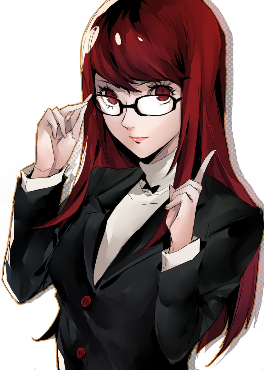 1girl black-framed_eyewear black_bow black_jacket bow bowtie buttons closed_mouth glasses highres index_finger_raised jacket lips long_hair long_sleeves looking_at_viewer persona persona_5 persona_5_the_royal pertex_777 pink_lips red_eyes redhead school_uniform shirt shuujin_academy_uniform sidelocks simple_background solo spoilers uniform white_background white_shirt yoshizawa_kasumi