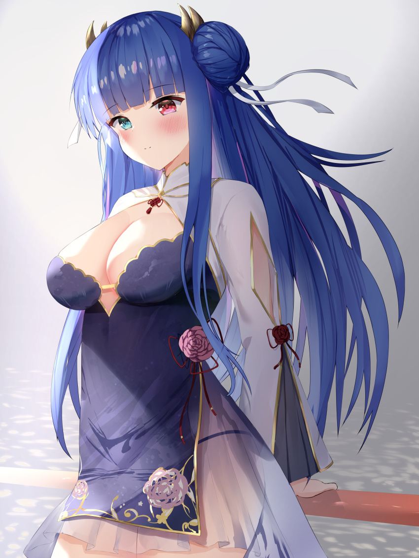 1girl absurdres azur_lane blue_eyes blue_hair breasts china_dress chinese_clothes cleavage_cutout clothing_cutout double_bun dress eyebrows_visible_through_hair firin heterochromia highres horns ibuki_(arrival_of_spring)_(azur_lane) ibuki_(azur_lane) large_breasts long_hair looking_at_viewer official_alternate_costume see-through side_slit solo violet_eyes