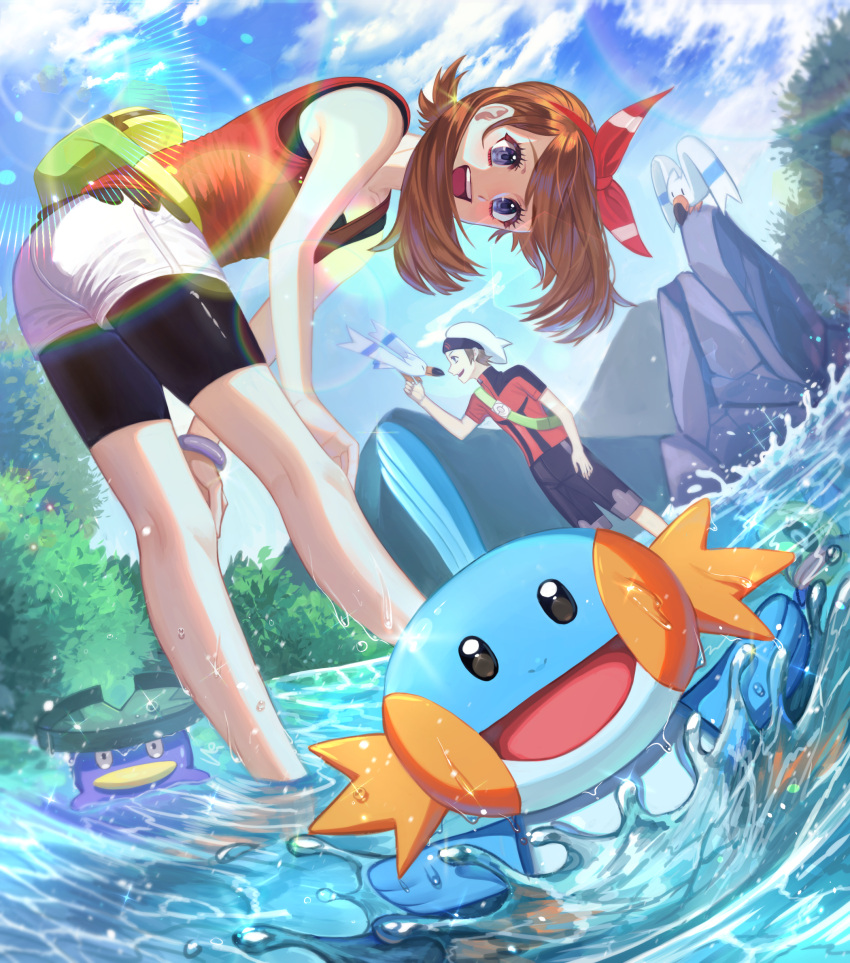 1boy 1girl :d bent_over bike_shorts black_shorts blue_eyes blue_sky bow bow_hairband bracelet brendan_(pokemon) brown_hair clouds collarbone day gen_3_pokemon hair_bow hairband hands_on_own_knees highres jewelry lens_flare long_hair looking_at_viewer lotad may_(pokemon) mudkip open_mouth outdoors pokemon pokemon_(creature) pokemon_(game) pokemon_oras red_bow red_hairband red_shirt shiny shiny_hair shirt short_shorts short_sleeves shorts shorts_under_shorts sky sleeveless sleeveless_shirt smile soaking_feet starter_pokemon sueon00 summer white_headwear white_shorts wingull