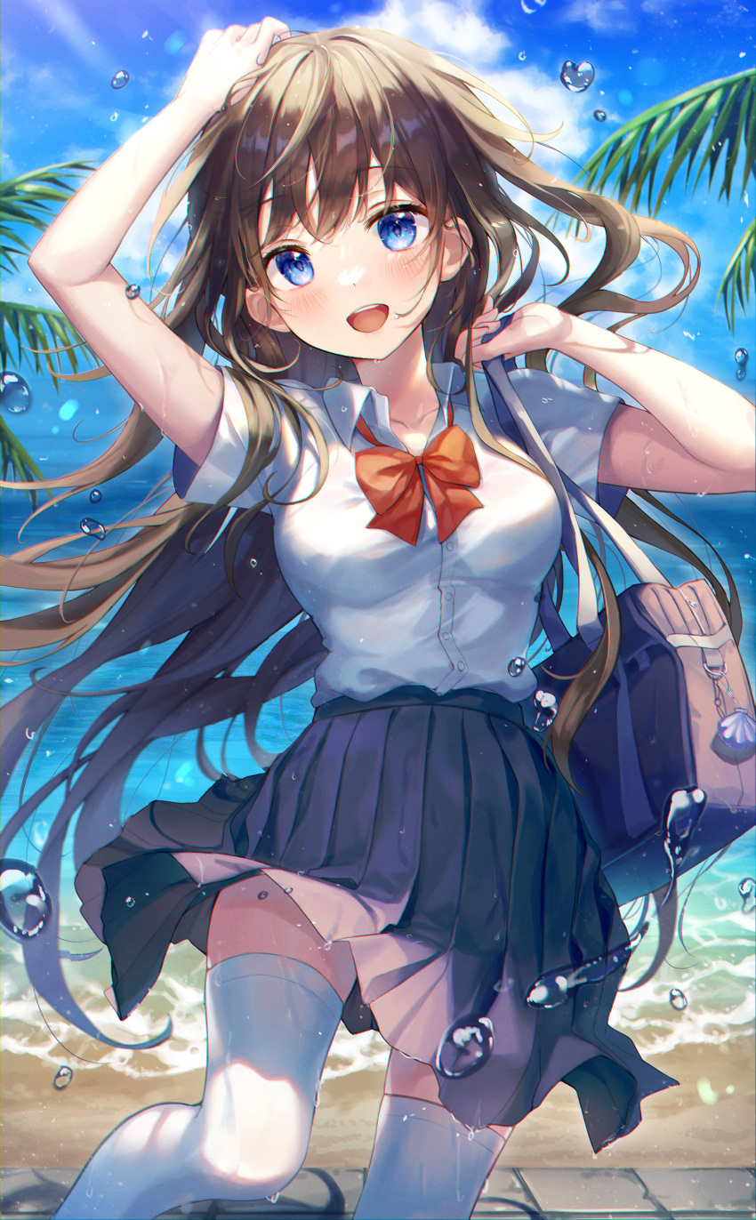 1girl :d absurdres aimbek arm_up bag bangs beach black_skirt blue_eyes blue_sky blush bow bowtie breasts brown_hair collared_shirt commentary_request copyright_request day dress_shirt eyebrows_visible_through_hair hand_on_own_head hat highres holding_strap long_hair looking_at_viewer medium_breasts open_mouth outdoors palm_leaf pleated_skirt red_bow red_neckwear school_bag school_uniform shirt short_sleeves shoulder_bag skirt sky smile solo thigh-highs very_long_hair water wet white_legwear white_shirt