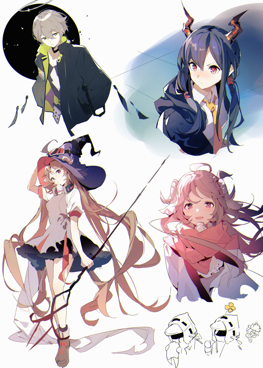 1boy 1other 3girls absurdres ahoge ambiguous_gender animal_ears arene_(arknights) arknights beanstalk_(arknights) black_jacket blue_hair blue_jacket brown_footwear brown_hair ch'en_(arknights) commentary cropped_torso doctor_(arknights) dragon_horns dress eating eyjafjalla_(arknights) flower flower_on_head full_body green_eyes grey_dress grey_hair halo hat highres holding holding_staff horns horrified jacket kagura_tohru long_hair looking_at_viewer mask mask_around_neck metal_crab_(arknights) multiple_girls necktie open_mouth pink_scarf purple_headwear red_eyes sailor_moon_redraw_challenge scarf sheep_ears sheep_girl sheep_horns shirt short_hair staff standing symbol_commentary twintails upper_body white_background white_shirt witch_hat yellow_flower yellow_neckwear