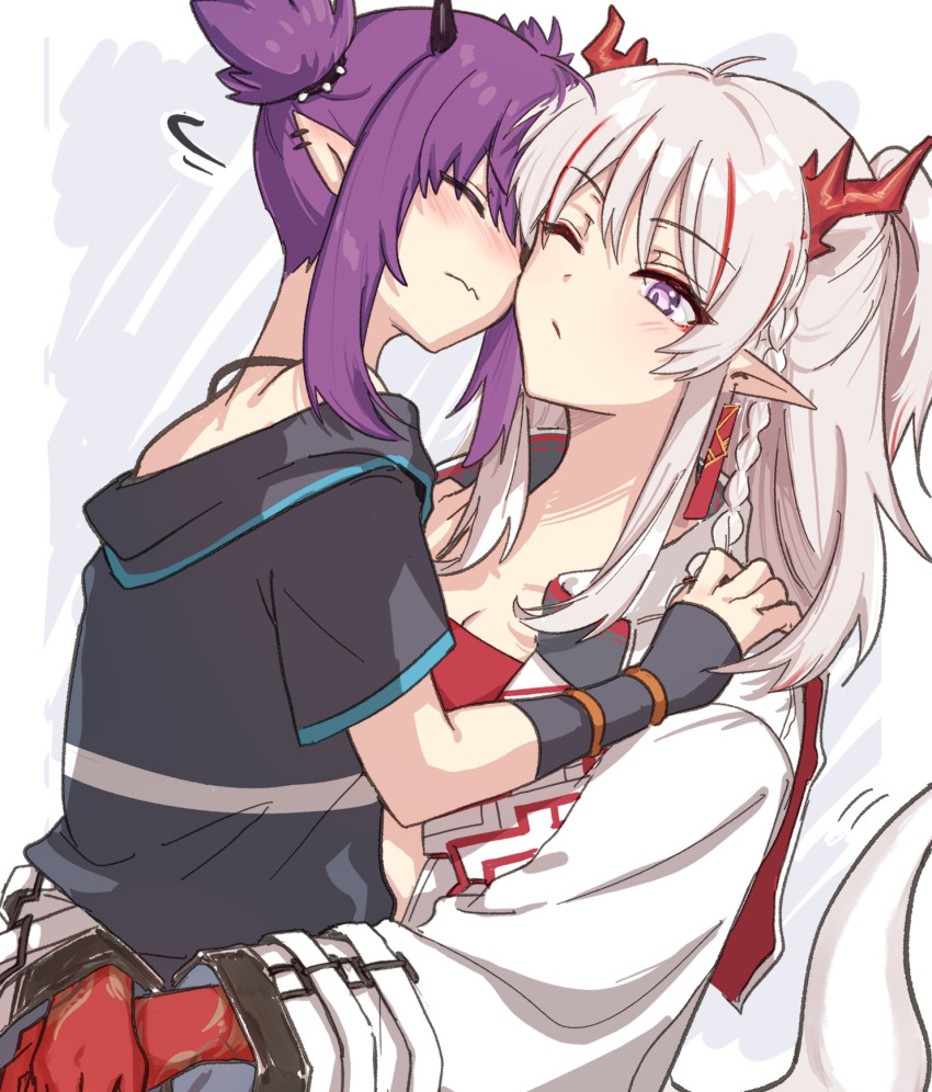 2girls ahoge arknights arm_tattoo black_gloves black_shirt braid closed_eyes colored_skin demon_horns dragon_girl dragon_horns dragon_tail ear_piercing fingerless_gloves gloves highres horns hug jacket jewelry lava_(arknights) mabing motion_lines multicolored_hair multiple_girls necklace nian_(arknights) nuzzle one_eye_closed open_clothes open_jacket piercing pointy_ears purple_hair red_bandeau red_skin redhead shirt short_hair_with_long_locks short_twintails single_braid streaked_hair tail tattoo twintails upper_body violet_eyes white_background white_hair white_jacket yuri