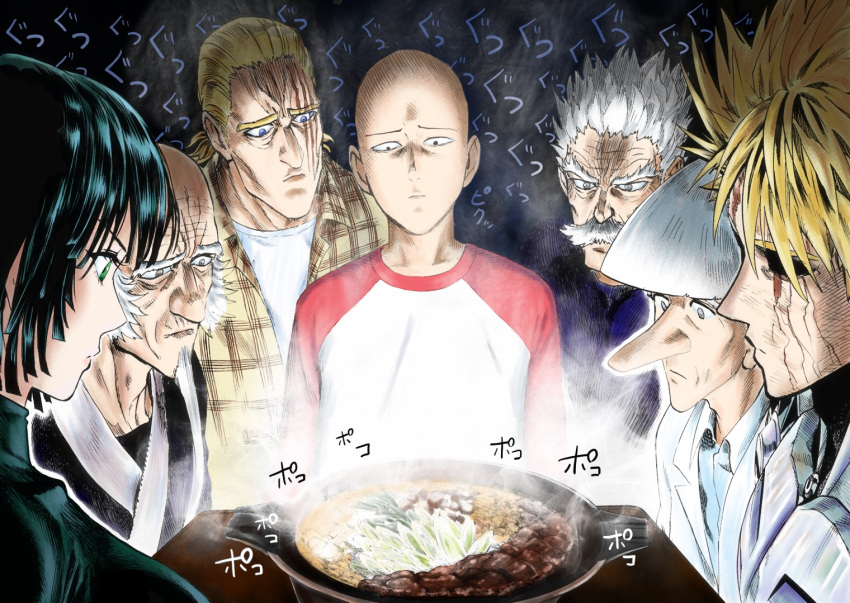 1girl 6+boys bald bang_(one-punch_man) black_hair blonde_hair blue_eyes bombe cyborg dress facial_hair fubuki_(one-punch_man) genos goatee green_dress green_eyes grey_eyes hkhk0726 hotpot king_(one-punch_man) kuseno_hakase labcoat long_nose looking_at_food multiple_boys mustache one-punch_man plaid red_shirt saitama_(one-punch_man) sanpaku scar scar_across_eye shirt sideburns white_hair