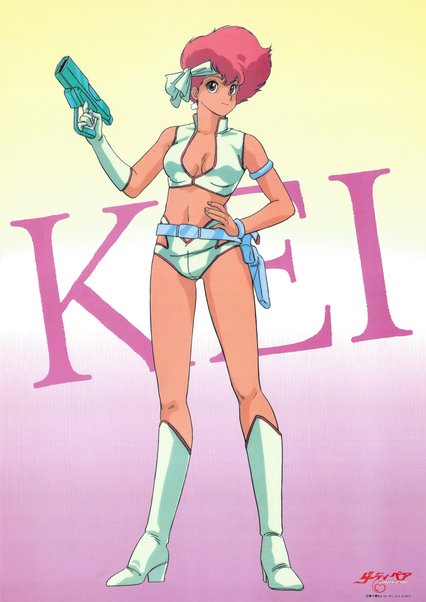 1980s_(style) 1girl absurdres arm_strap boots character_name dirty_pair earrings full_body gloves gradient gradient_background gun hand_on_hip handgun headband highres holding holding_gun holding_weapon holster jewelry kei_(dirty_pair) knee_boots navel official_art red_eyes redhead retro_artstyle scan short_hair single_glove smile solo standing weapon wristband