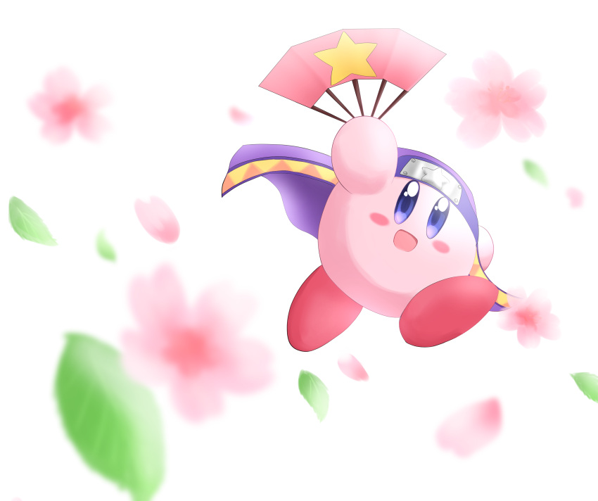 :d absurdres blue_eyes blurry blurry_foreground clothing_request commentary_request copy_ability fan flower highres kirby kirby's_return_to_dream_land kirby_(series) leaf mitorizu_02 ninja_kirby open_mouth paper_fan pink_flower simple_background smile white_background