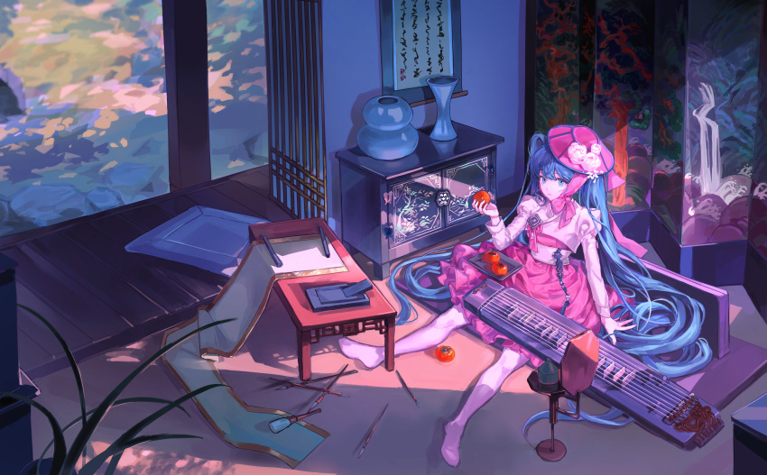 1girl absurdres bangs blue_eyes blue_hair cabinet calligraphy_brush chin_strap couch cushion flower folding_screen food fruit hanbok hanging_scroll hat hat_flower hatsune_miku highres holding holding_food holding_fruit indoors ink ink_blender inkstick inkstone instrument_request jewelry korean_clothes lantern long_hair long_sleeves looking_at_viewer no_shoes on_floor paintbrush painting_(object) pantyhose persimmon pink_headwear scroll solo sunlight table twice12314 twintails vase veranda very_long_hair vocaloid white_flower white_pantyhose