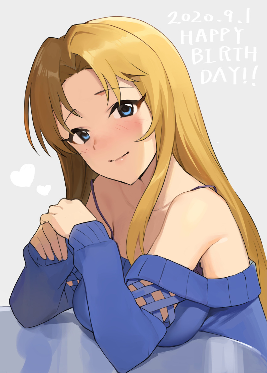 1girl 2020 absurdres black_bra blonde_hair blue_eyes blue_sweater blush bra breasts closed_mouth collarbone dated eyebrows_visible_through_hair eyelashes grey_background hair_intakes happy_birthday highres idolmaster idolmaster_cinderella_girls large_breasts leaning_forward long_hair long_sleeves looking_at_viewer matsumoto_sarina off-shoulder_sweater off_shoulder onao shiny shiny_hair sitting smile solo straight_hair sweater underwear upper_body very_long_hair