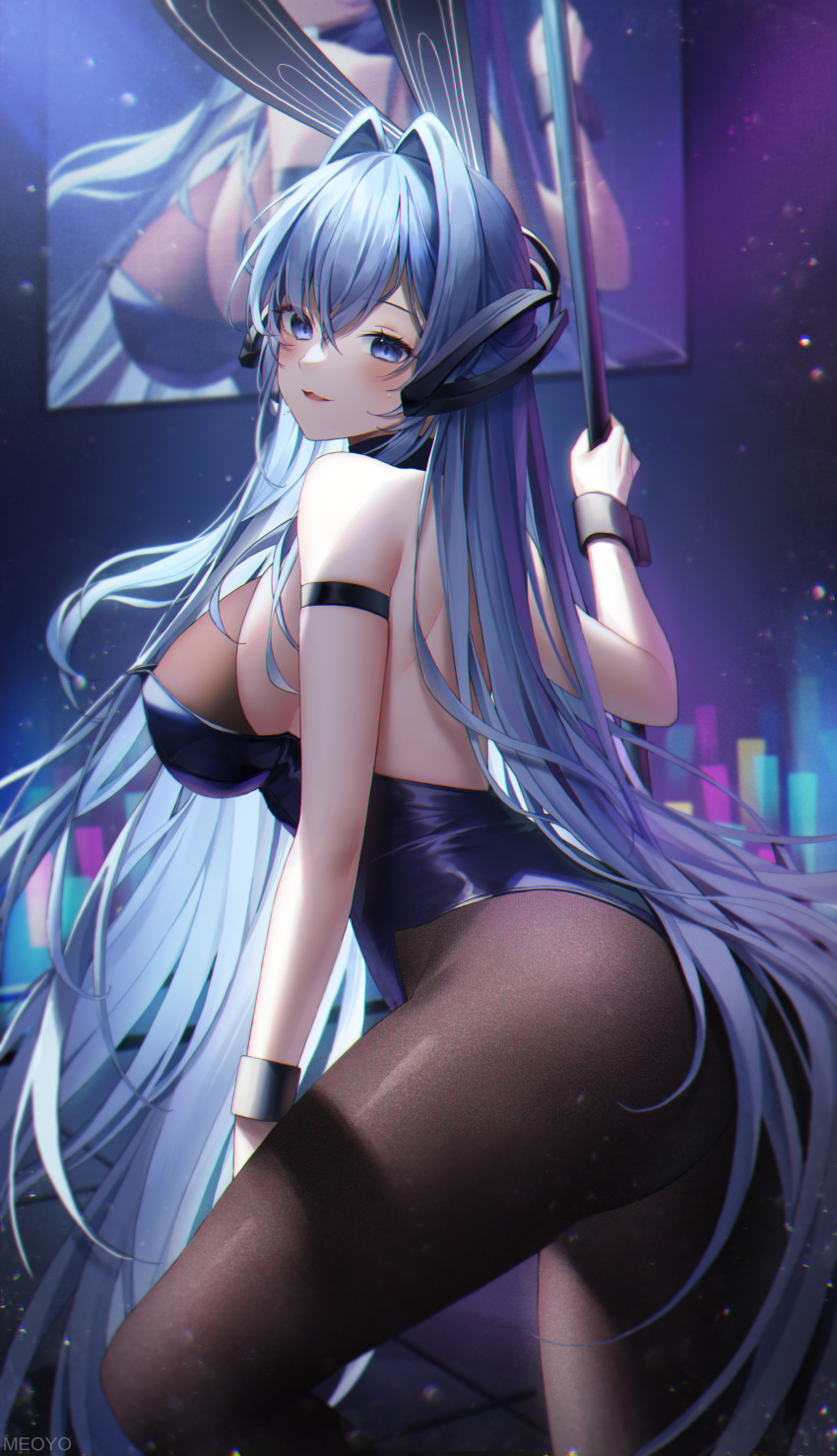 1girl absurdres animal_ears arm_strap ass azur_lane bare_shoulders black_legwear black_leotard blue_eyes blue_hair bodystocking breasts commentary feet_out_of_frame from_side glowstick hair_intakes highres huge_filesize large_breasts leotard long_hair looking_at_viewer looking_to_the_side meoyo new_jersey_(azur_lane) new_jersey_(exhilarating_steps!)_(azur_lane) official_alternate_costume parted_lips playboy_bunny rabbit_ears screen sideboob smile solo standing strapless strapless_leotard stripper_pole very_long_hair wrist_cuffs