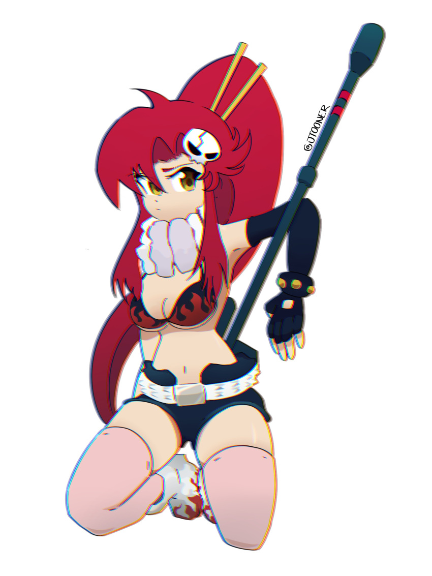 1girl :| belt black_shorts boots bra brown_eyes chromatic_aberration closed_mouth expressionless flame_print gloves grey_belt gun hair_ornament hair_stick highres jtooner kneeling looking_to_the_side redhead rifle self_upload shorts sniper_rifle solo tengen_toppa_gurren_lagann underwear weapon white_background white_footwear yoko_littner