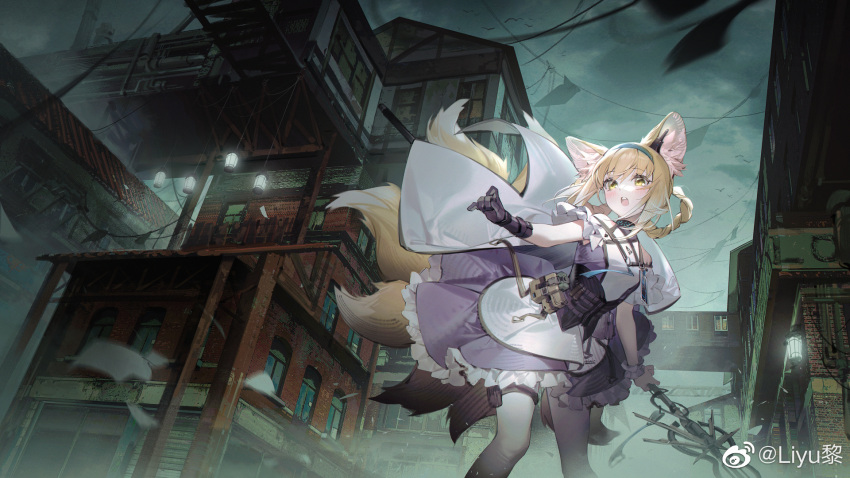 1girl animal_ears arknights bird black_gloves blonde_hair blue_hairband building cityscape clouds cloudy_sky dark_sky dress earpiece feet_out_of_frame fox_ears fox_tail gloves hairband highres infection_monitor_(arknights) kitsune kyuubi liyu_li looking_at_viewer multiple_tails open_mouth oripathy_lesion_(arknights) outdoors power_lines purple_dress scenery short_hair_with_long_locks sky solo suzuran_(arknights) tail weibo_username yellow_eyes
