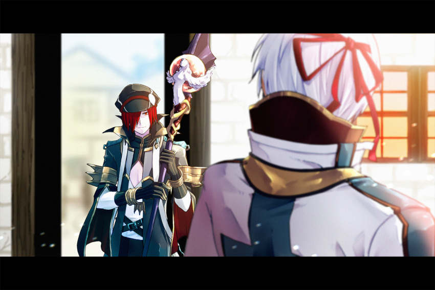 2boys archbishop_(ragnarok_online) bangs belt black_belt black_gloves black_headwear blue_coat blurry blurry_background building closed_mouth coat commentary_request flat_cap gloves grey_coat hair_over_one_eye hat headband highres holding holding_staff letterboxed looking_at_another male_focus mit_(necomit) multiple_boys ragnarok_online red_eyes red_headband red_ribbon redhead ribbon shirt short_hair staff two-tone_coat upper_body warlock_(ragnarok_online) white_coat white_hair white_shirt