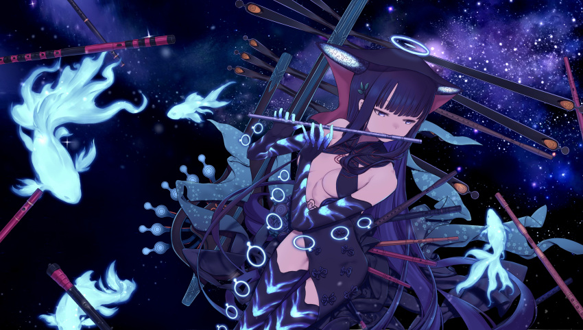 1girl absurdres blue_fire breasts center_opening daisi_gi elbow_gloves fate/grand_order fate_(series) fire fish flute gloves hair_ornament halo highres instrument leaf_hair_ornament medium_breasts music playing_instrument purple_hair starry_background thigh-highs violet_eyes yang_guifei_(fate)