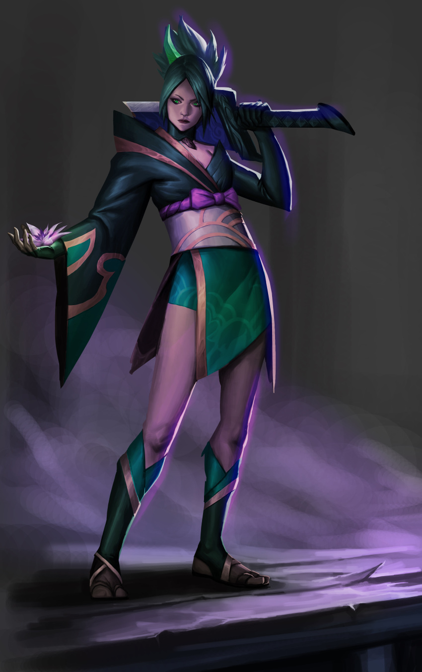 1girl absurdres alternate_color bangs black_kimono bow character_request check_character full_body green_hair green_kimono highres holding holding_weapon horns japanese_clothes kimono kong_ling_hai league_of_legends long_sleeves obi over_shoulder parted_bangs pink_bow riven_(league_of_legends) sash single_bare_shoulder single_horn solo spirit_blossom_riven standing weapon weapon_over_shoulder wide_sleeves