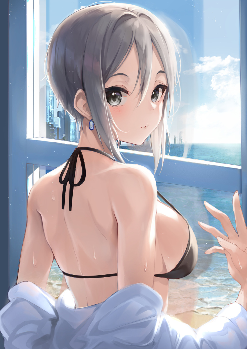 1girl absurdres backless_outfit bangs bare_shoulders black_eyes blush breasts closed_mouth clouds commentary_request day earrings from_behind green_eyes hair_between_eyes halterneck hand_up highres idolmaster idolmaster_cinderella_girls indoors jacket jewelry large_breasts looking_at_viewer looking_back medium_breasts nao_(okt8538) ocean off_shoulder shiomi_syuko short_hair sideboob silver_hair smile solo swimsuit undressing upper_body water wet white_jacket window