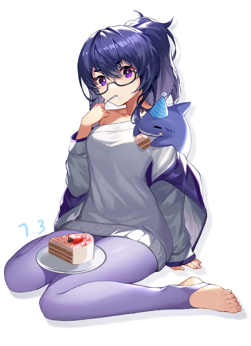 1girl absurdres bangs blue_hair blush breasts cake cake_slice chinese_commentary commentary_request dated eating eyebrows_visible_through_hair feet food food_on_face full_body glasses hair_between_eyes hand_up highres holding jacket leggings long_hair long_sleeves looking_at_viewer medium_breasts mo_ying_yu off_shoulder open_clothes open_jacket original plate ponytail purple_legwear simple_background sitting solo stirrup_legwear sweater thick_eyebrows toeless_legwear utensil_in_mouth violet_eyes wariza white_background white_sweater