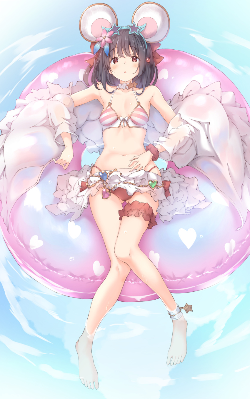 1girl :o absurdres afloat animal_ears anklet ass_visible_through_thighs bangs barefoot beads belly_chain bikini bikini_skirt black_hair bow bow_bikini breasts choker detached_sleeves eyebrows_visible_through_hair fake_animal_ears flower frilled_choker frills from_above full_body granblue_fantasy hair_beads hair_flower hair_ornament heart heart_print highres innertube jewelry looking_at_viewer lying medium_hair miniskirt mismatched_bikini mouse_ears navel on_back open_mouth pink_bikini red_bikini red_eyes scrunchie skirt small_breasts solo star_(symbol) star_choker string_bikini striped striped_bikini swimsuit thigh_gap thigh_strap ukiwakisen vikala_(granblue_fantasy) water wet white_sleeves wide_sleeves wrist_scrunchie