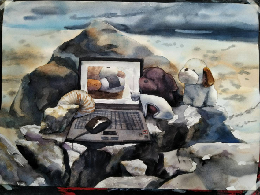 abstract cat commentary_request computer food hodara_kika laptop mouse_(computer) no_humans onigiri original rock shell stuffed_animal stuffed_dog stuffed_toy traditional_media watercolor_(medium)