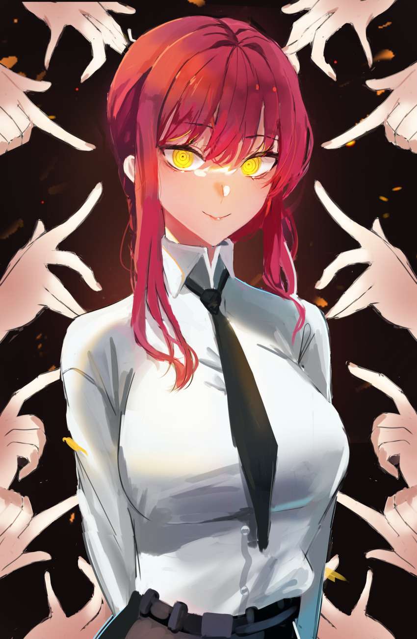 1girl absurdres bangs black_background black_neckwear braid braided_ponytail breasts chainsaw_man closed_mouth collared_shirt commentary_request eyebrows_visible_through_hair formal hands highres long_sleeves looking_at_viewer makima_(chainsaw_man) medium_breasts medium_hair necktie office_lady redhead ringed_eyes shirt sidelocks simple_background smile solo suit wellski white_shirt yellow_eyes
