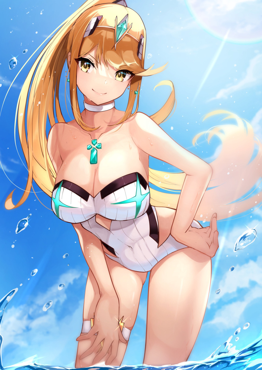 1girl absurdres alternate_hairstyle bangs blonde_hair breasts chest_jewel gem headpiece highres large_breasts long_hair mythra_(radiant_beach)_(xenoblade) mythra_(xenoblade) one-piece_swimsuit ponytail ribbed_swimsuit risumi_(taka-fallcherryblossom) solo strapless strapless_swimsuit striped swept_bangs swimsuit tiara vertical-striped_swimsuit vertical_stripes very_long_hair white_swimsuit xenoblade_chronicles_(series) xenoblade_chronicles_2 yellow_eyes