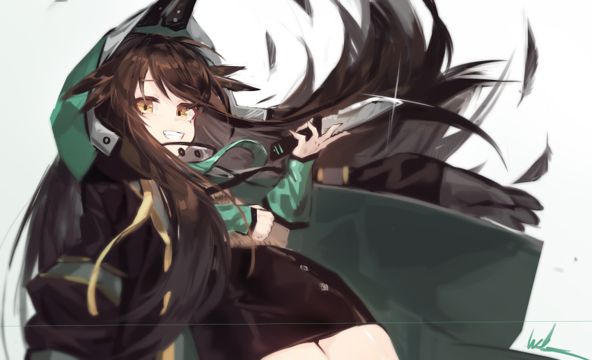 1girl :d absurdres arknights black_jacket black_skirt brown_hair commentary cowboy_shot dutch_angle feathers fingerless_gloves gloves green_gloves highres holding holding_knife hood hood_up jacket jacket_on_shoulders kafka_(arknights) knife libiadan long_hair looking_at_viewer open_mouth simple_background skirt smile solo very_long_hair white_background yellow_eyes