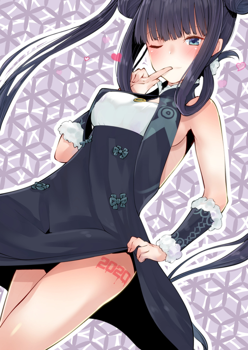 1girl 2020 absurdres bangs bare_shoulders black_dress blue_eyes blunt_bangs breasts china_dress chinese_clothes cowboy_shot double_bun dress fate/grand_order fate_(series) hair_ornament highres leaf_hair_ornament leafy_(kitsuneya) leg_tattoo lifted_by_self long_hair looking_at_viewer medium_breasts number_tattoo one_eye_closed purple_hair sideboob smile solo tattoo thigh_tattoo thighs twintails very_long_hair yang_guifei_(fate)